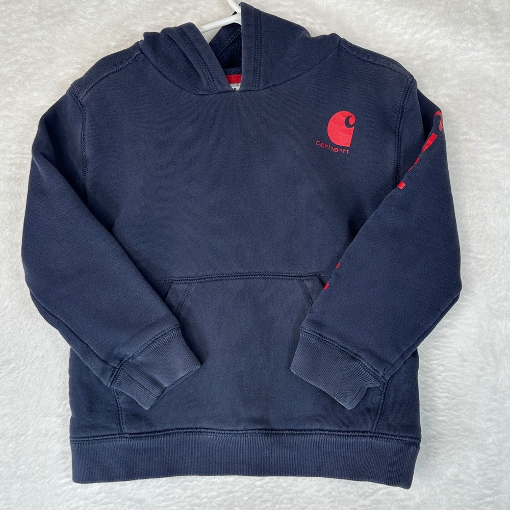 Carhartt Hoodie Boys Size 5 Navy Blue Red Logo Sleeve Graphic Pullover